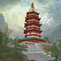 Traditional Ancient Chinese Pagoda With Green Roof Red Body And Mountain Lake View