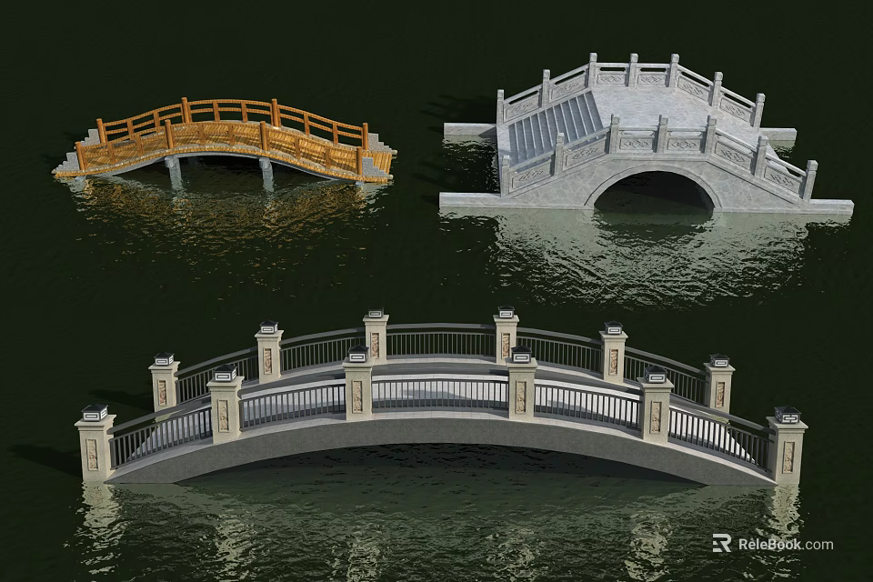 Different Types of Bridges Including Wooden Stone Arch Designs Over Water 3d model 