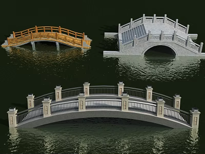Different Types of Bridges Including Wooden Stone Arch Designs Over Water 3d model