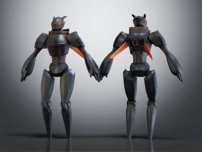 Sci Fi Robot Characters With Mechanical Design Holding Hands In Black And Orange 3d model