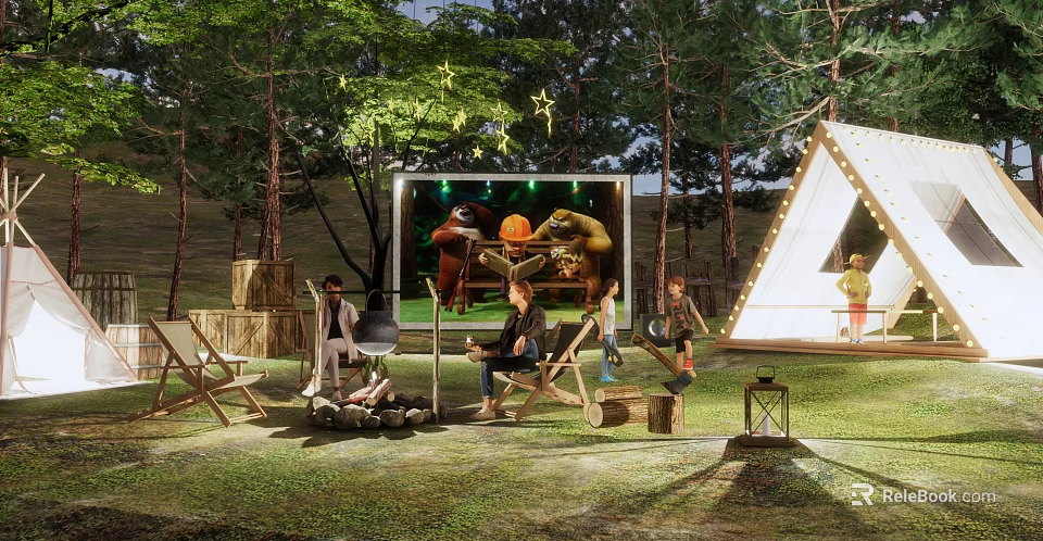 Scenic Campsite Featuring Tent Trees Campfire String Lights And People Enjoying Outdoor Evening 3d model 