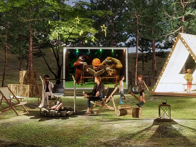 Scenic Campsite Featuring Tent Trees Campfire String Lights And People Enjoying Outdoor Evening 3d model