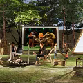 Scenic Campsite Featuring Tent Trees Campfire String Lights And People Enjoying Outdoor Evening
