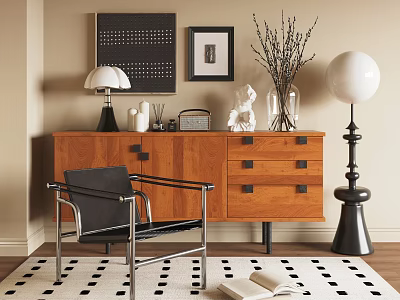 Stylish Wooden Console Table with Table Lamp Vase and Framed Art on Floor Rug 3d model