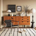 Stylish Wooden Console Table with Table Lamp Vase and Framed Art on Floor Rug