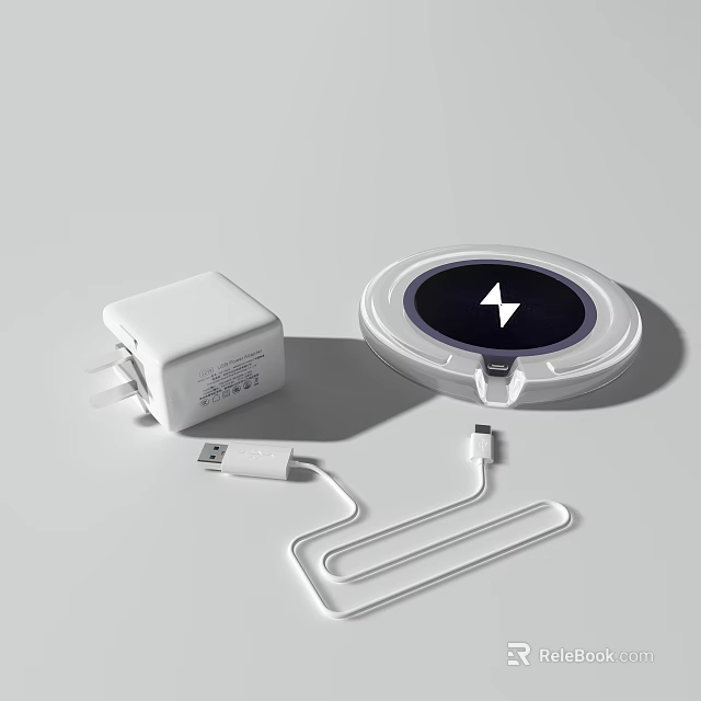 White Wall Charger And Wireless Charging Pad With USB Cable For Mobile Devices 3d model 