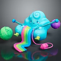 Adorable Blue Cloud Shaped Creature Knitting With Colorful Yarn Balls And Rainbow Yarn