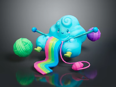 Adorable Blue Cloud Shaped Creature Knitting With Colorful Yarn Balls And Rainbow Yarn 3d model