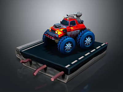 Red Monster Truck Featuring Large Blue Wheels And Roof Equipment On Display Platform Road Surface 3d model