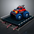 Red Monster Truck Featuring Large Blue Wheels And Roof Equipment On Display Platform Road Surface