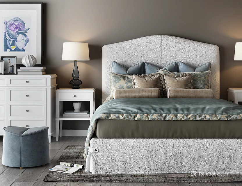 Cozy Bedroom Interior With Upholstered Headboard Multiple Pillows Teal Bedding Nightstands Lamps And White Dresser 3d model 