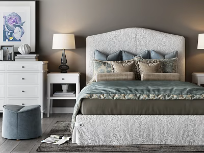 Cozy Bedroom Interior With Upholstered Headboard Multiple Pillows Teal Bedding Nightstands Lamps And White Dresser 3d model
