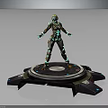 Futuristic Armored Character Standing On Circular Platform With Green Blue Purple Accents