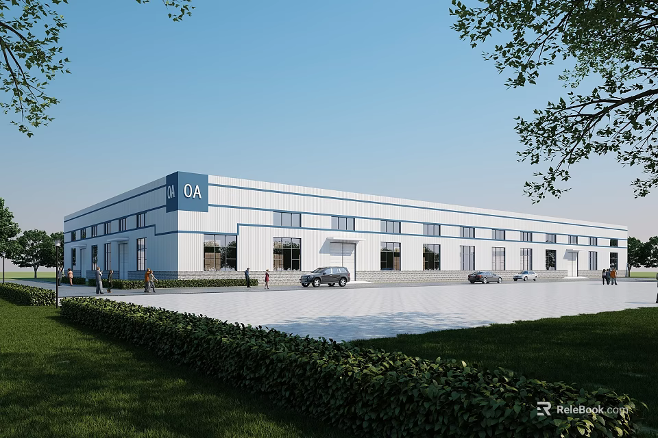 Spacious Industrial Factory Building With White Exterior C14 Parking Cars And Green Lawn 3d model 