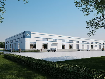 Spacious Industrial Factory Building With White Exterior C14 Parking Cars And Green Lawn 3d model