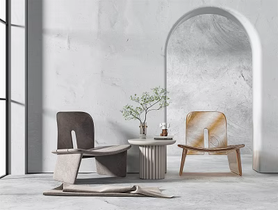 Modern Minimalist Table And Chair Set With Dual Tone Chairs Round Table Green Plant Gray Wall Archway 3d model