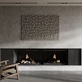 Modern Double Fireplace In Textured Gray Wall With Wood Stacks And Armchair