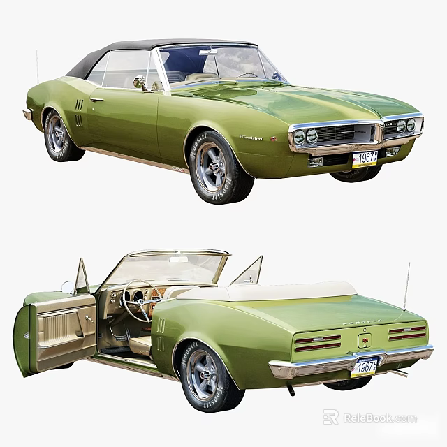 Green Vintage Convertible Car With Open Doors And Classic Interior Details 3d model 