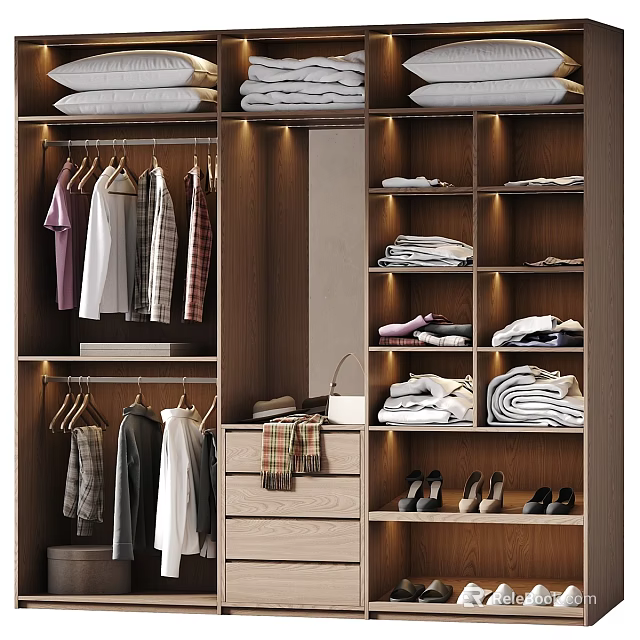 Modern Bedroom Dresser With Organized Storage For Hanging Clothes Folded Items And Shoes 3d model 