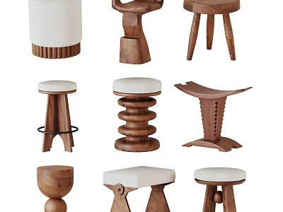 Various Modern Wooden Stools With Unique Designs And Upholstered Padded Seats 3d model