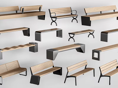 Various Modern Outdoor Landscape Benches With Wooden Seats And Metal Frames Designs 3d model