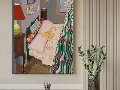 Oil Painting of Bedroom Scene with Bed Bedside Table Lamp Window Striped Curtains and Vase with Plant 3d model