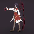 Young Woman With Purple Long Hair In Red Outfit Surrounded By Red Flames Holding Flower