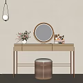Modern Vanity Table with White Countertop Gold Frame Round Mirror Cosmetics Flower Vase Pink Stool