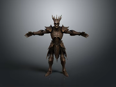 Man in Spiked Helmet and Ornate Dark Armor with Extended Arms 3d model