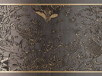 Golden Traditional Carving Artwork With Crane Fish And Floral Patterns On Black Background 3d model
