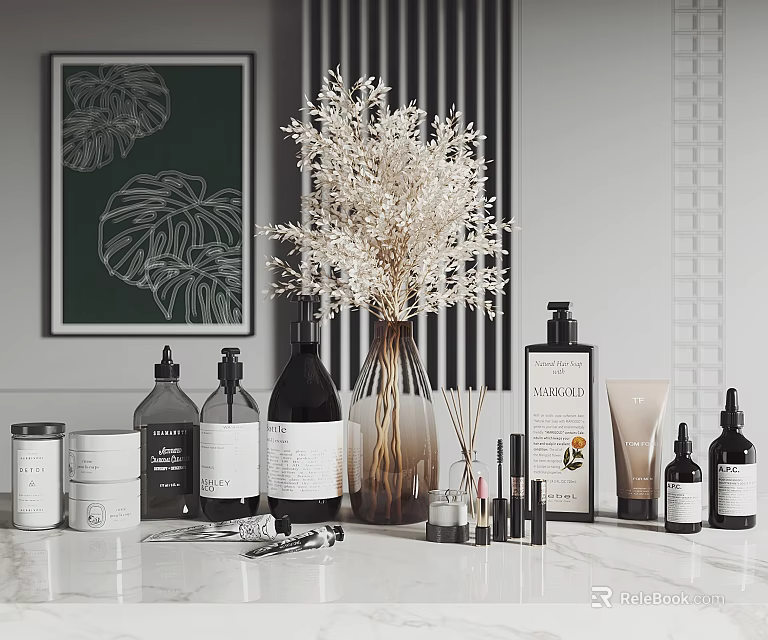 Stylish Bathroom Accessories With Decorative Bottles Jars Dried Flowers And Countertop Decor 3d model 