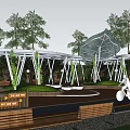 Modern Unique Pergola With Transparent Curved Roof Green Plants And Bicycle Path On Wooden Deck