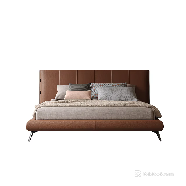 Modern Brown Double Bed With Leather Headboard Beige Bedding And Multiple Pillows 3d model