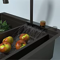 Black Double Bowl Kitchen Sink with Faucet and Fresh Fruits Vegetables