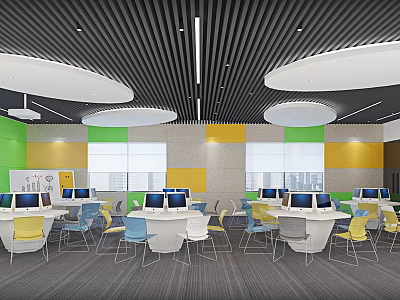 Modern Open Meeting Room with Colorful Walls Circular Pendant Lights Computers Tables and Chairs 3d model