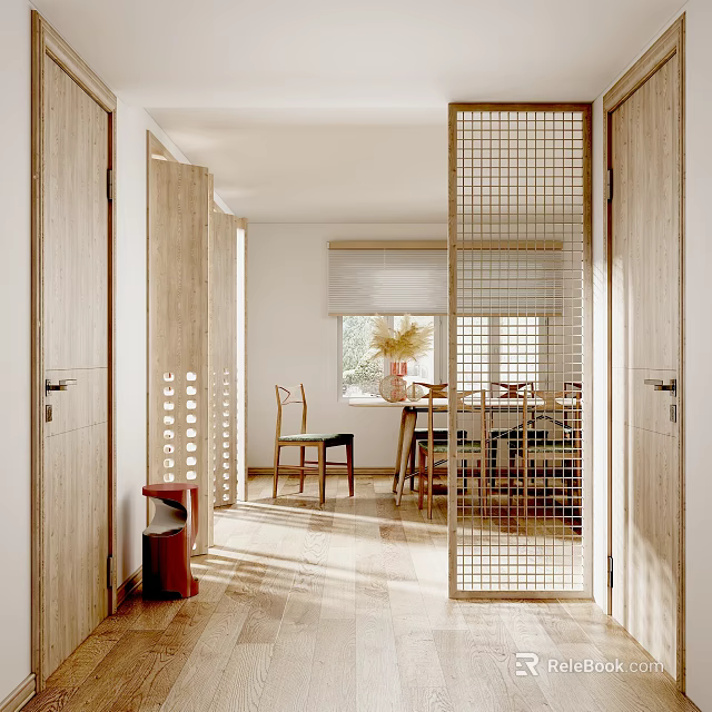 Warm Restaurant Interior With Wooden Grid Screen Dining Table And Natural Light 3d model