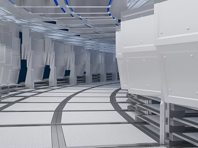 Cartoon Scene Of Future Corridor With White Walls Blue Lines And Geometric Floor Design 3d model