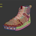 Red And Beige High Top Shoes With Geometric Pattern Woven Design And Ornate Details