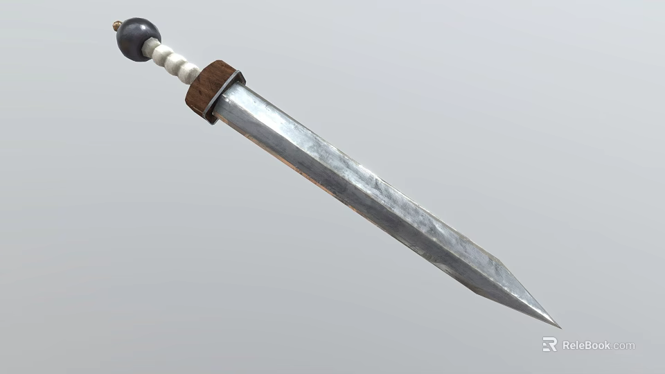 Traditional Metal Sword With Black Pommel White Beaded Decoration And Wooden Hilt 3d model 