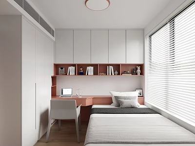 Tatami Bedroom Interior Design With White Wardrobes Desk Chair And Bookshelf With Blinds Window 3d model
