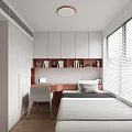 Tatami Bedroom Interior Design With White Wardrobes Desk Chair And Bookshelf With Blinds Window