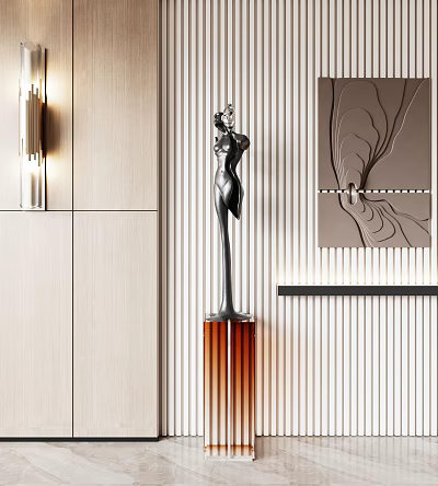 Black Carved Sculpture with Orange Base in Modern Interior Featuring Wall Lamp and Artwork 3d model