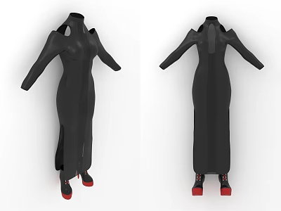 Black Long Dress With Cut Out Shoulder Design And Red Sole Shoes 3d model