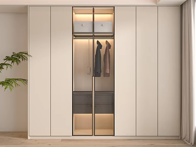 Modern Wardrobe With Glass Door And Interior Lighting For Hanging Clothes And Drawers 3d model