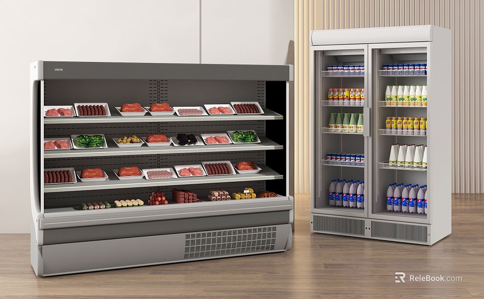 Commercial Display Freezers and Refrigerators with Meat Vegetables and Beverages on Organized Shelves 3d model 