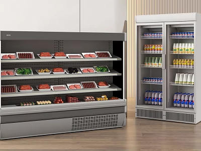 Commercial Display Freezers and Refrigerators with Meat Vegetables and Beverages on Organized Shelves 3d model