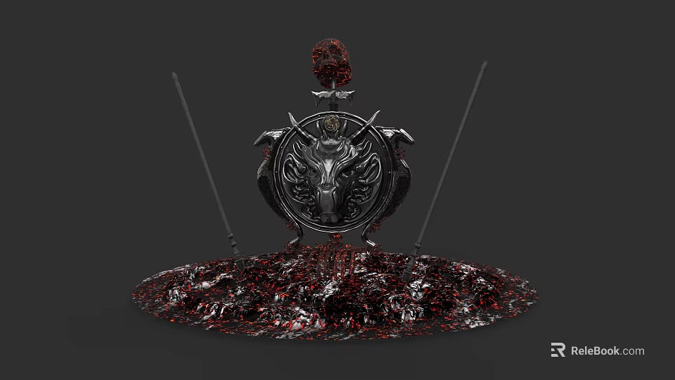 Intricate Medieval Weapon Set Featuring Dragon Head Shield Spears Red Orb And Textured Base 3d model 