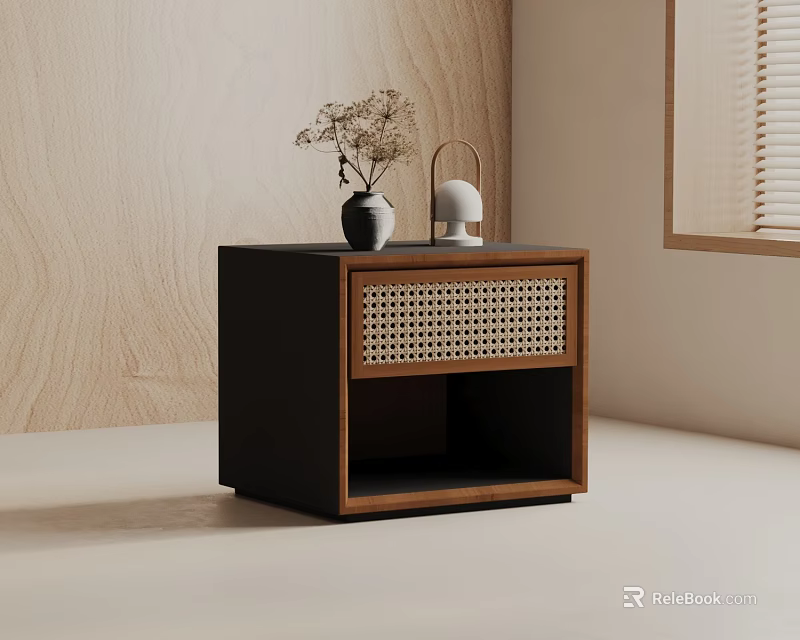 Modern Black Wooden Side Table With Rattan Panel And Decorative Vase On Top 3d model 