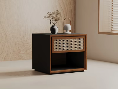 Modern Black Wooden Side Table With Rattan Panel And Decorative Vase On Top 3d model
