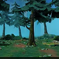 Tall Trees in Lush Forest with Sunlight Through Leaves Mossy Ground Path Rocks and Shrubs